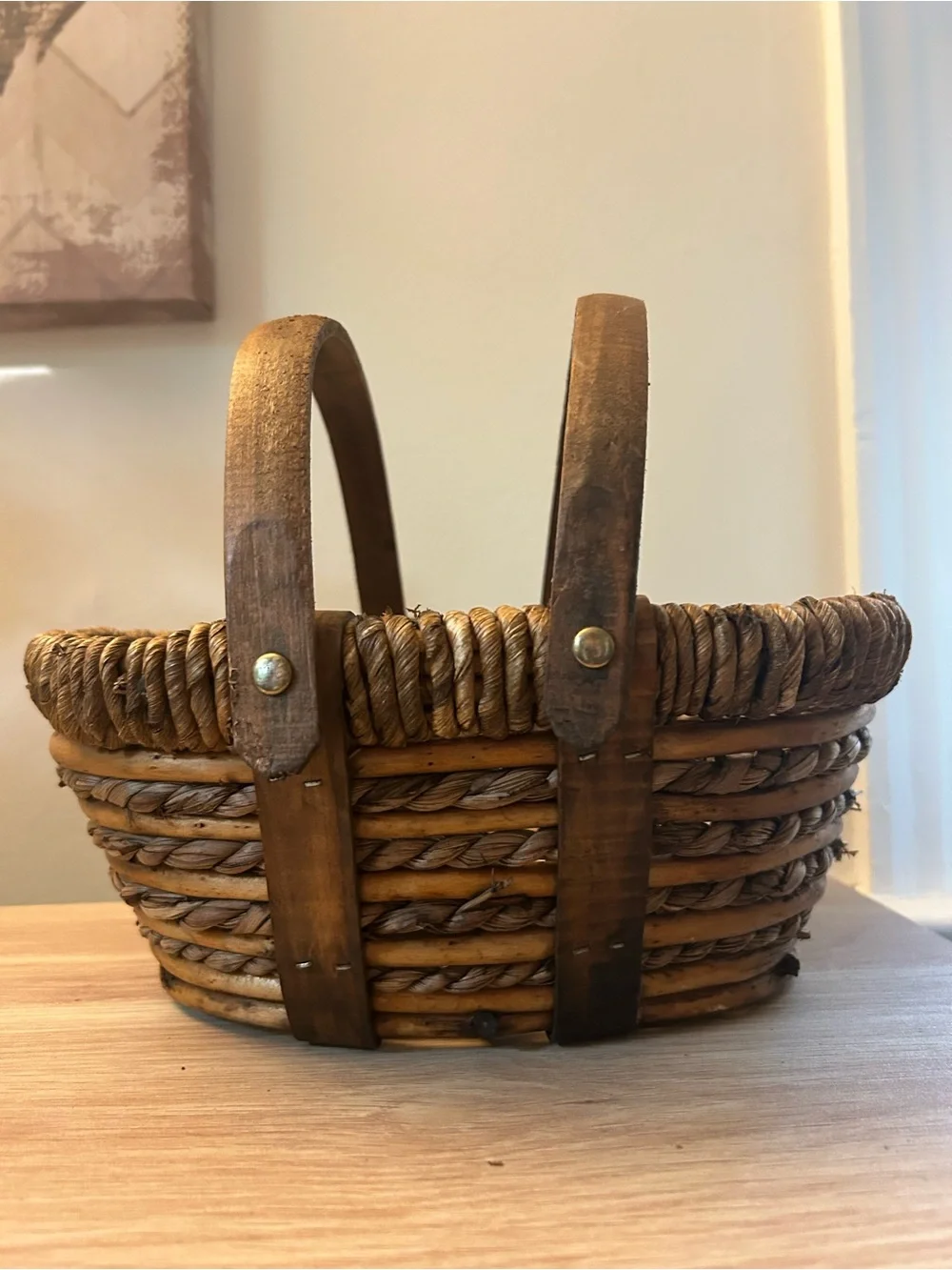 Woven Rope and Wood Accent Basket - Brown
